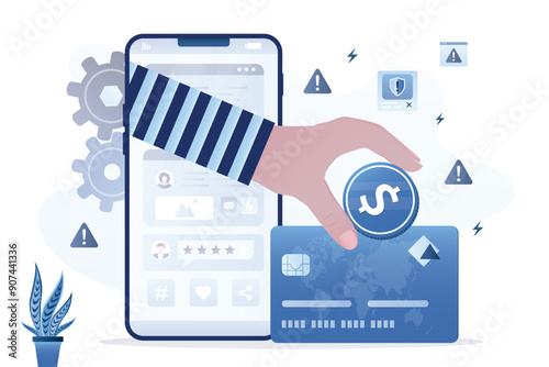 Digital cyber crime, hacking, scamming. Hacker is engaged in phishing on smartphone. Mobile phone screen with social media and cybercrime. Theft of credit card data and money.