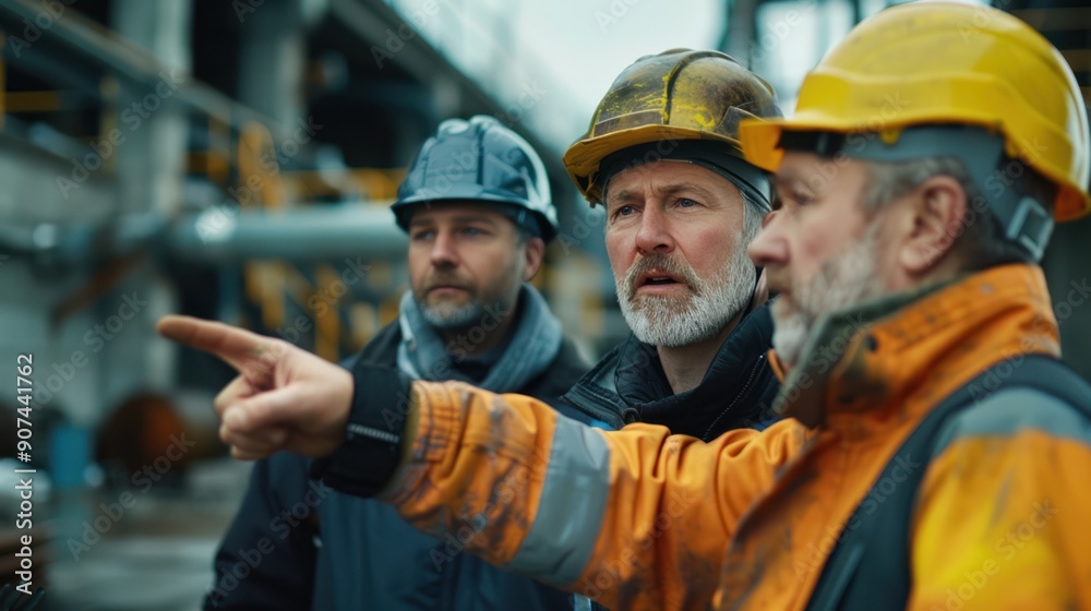 An engineering manager pointing to a construction plan, while the project consultant and foreman listen attentively, all in safety gear An engineering manager pointing to a construction plan, while the project consultant and foreman listen attentively, all in safety gear