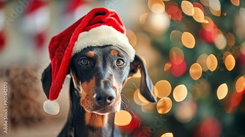 Doberman Wearing a Santa Hat with Blurred Christmas Lights in the Background - Festive Holiday Scene for Seasonal Design photo