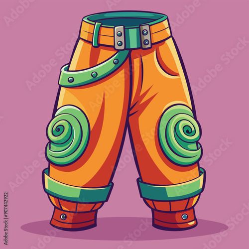 Illustration of colorful baggy pants with unique spiral closures and vibrant belts, against a purple background.