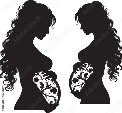 Pregnant Lady Silhouette Line Art Vector Illustration On Isolated White Background