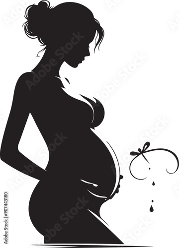 Pregnant Lady Silhouette Line Art Vector Illustration On Isolated White Background