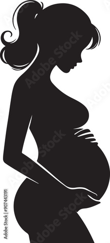 Pregnant Lady Silhouette Line Art Vector Illustration On Isolated White Background