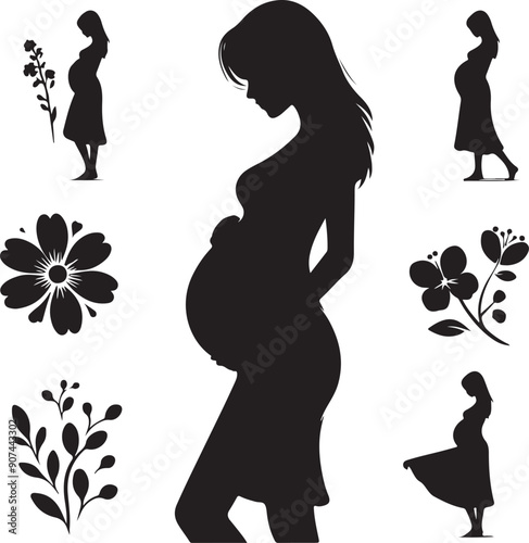 Pregnant Lady Silhouette Line Art Vector Illustration On Isolated White Background