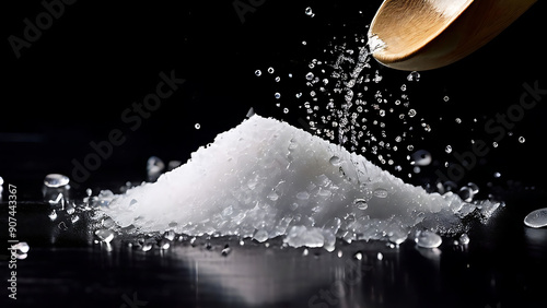 Salt Spills Out of the Salt Shaker in Thin Streams on a Black Background: Dynamic and Captivating Concept for Culinary and Food Photography. photo