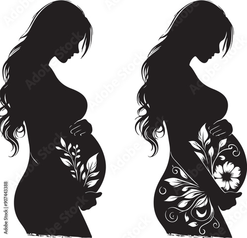 Pregnant Lady Silhouette Line Art Vector Illustration On Isolated White Background