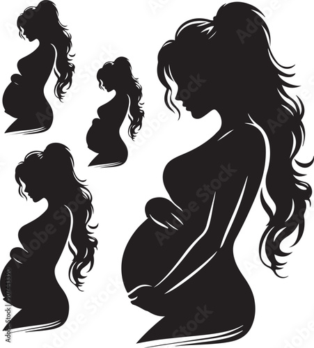 Pregnant Lady Silhouette Line Art Vector Illustration On Isolated White Background