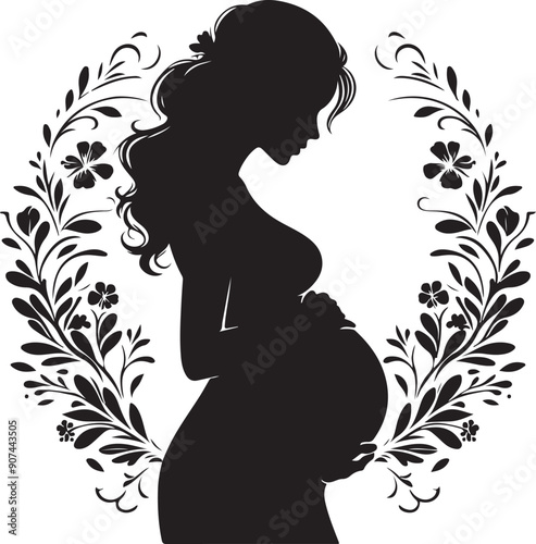Pregnant Lady Silhouette Line Art Vector Illustration On Isolated White Background