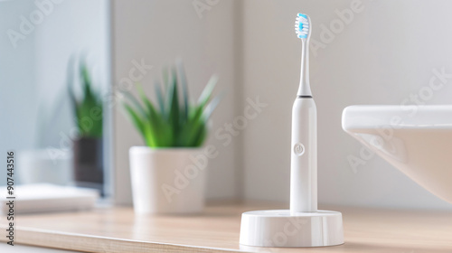 A white electric toothbrush on a charging stand in a clean, modern bathroom setting, highlighting hygiene and technology.