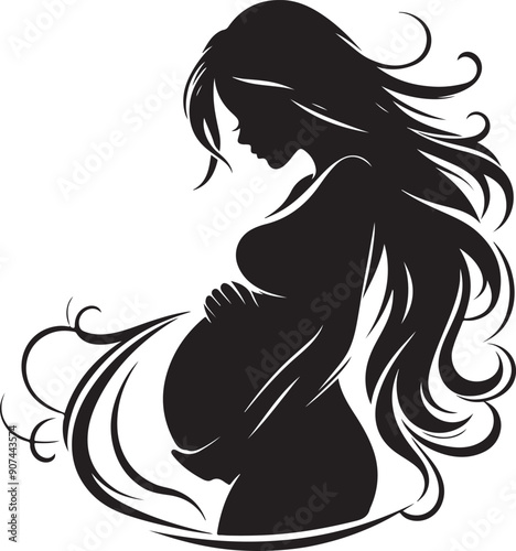 Pregnant Lady Silhouette Line Art Vector Illustration On Isolated White Background