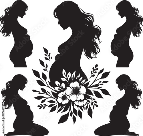 Pregnant Lady Silhouette Line Art Vector Illustration On Isolated White Background