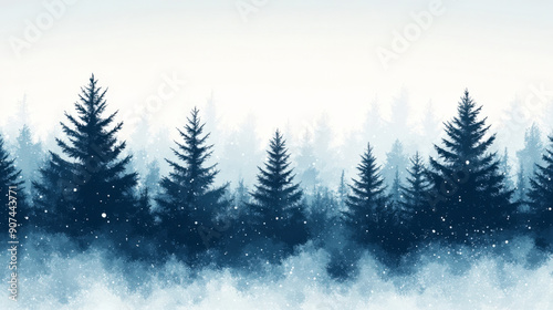 background with silhouettes of pine trees accented with minimal snow, evoking a serene winter forest in a minimalist style