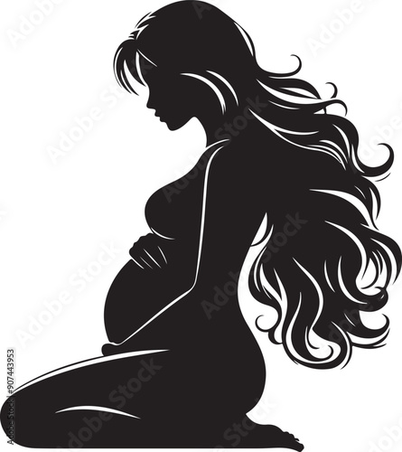 Pregnant Lady Silhouette Line Art Vector Illustration On Isolated White Background