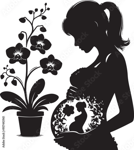 Pregnant Lady Silhouette Line Art Vector Illustration On Isolated White Background