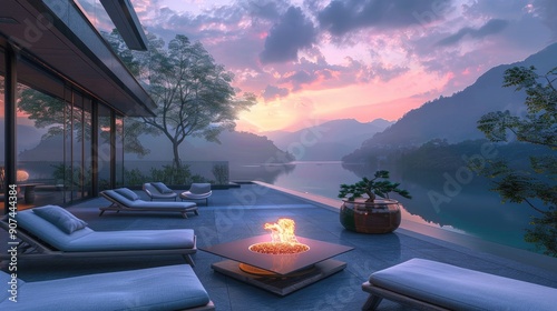 A contemporary terrace lounge featuring a chic fire table, comfortable loungers, and a breathtaking view of a serene mountain lake at dawn, with the sky painted in soft pastel colors.