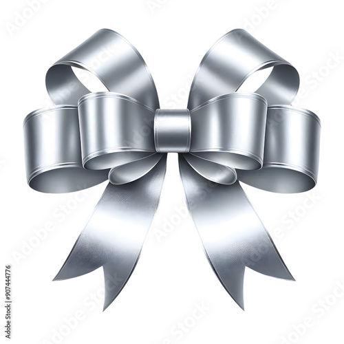 Silver ribbon bow on transparent background.