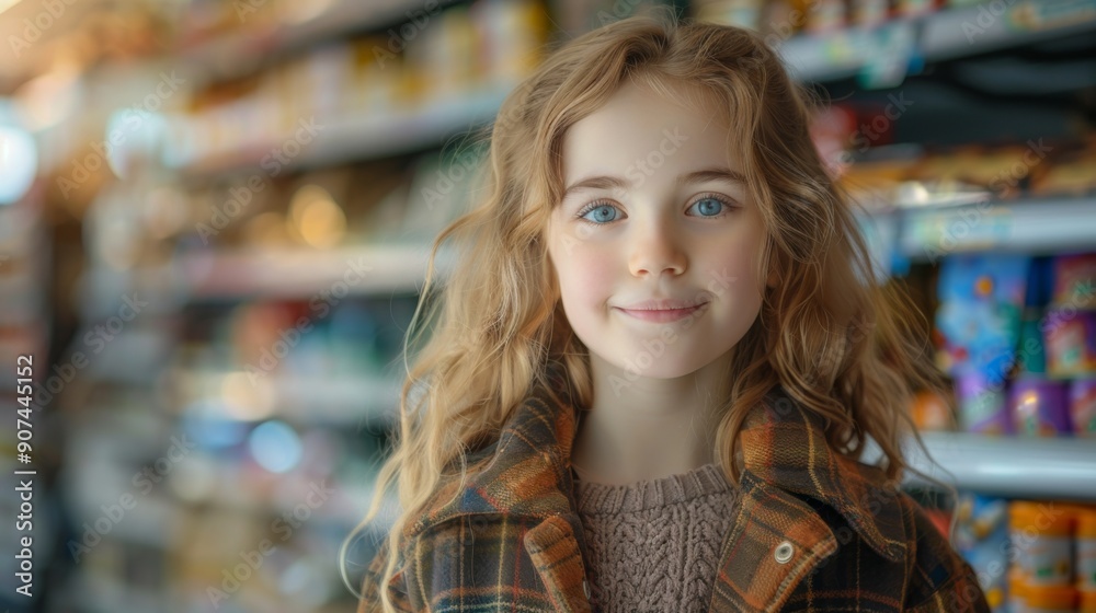 In a supermarket, a cute girl shopper makes funny emotional facial expressions in front of shelves of school supplies and backpacks. In a supermarket, a cute girl shopper makes funny emotional facial expressions in front of shelves of school supplies and backpacks.