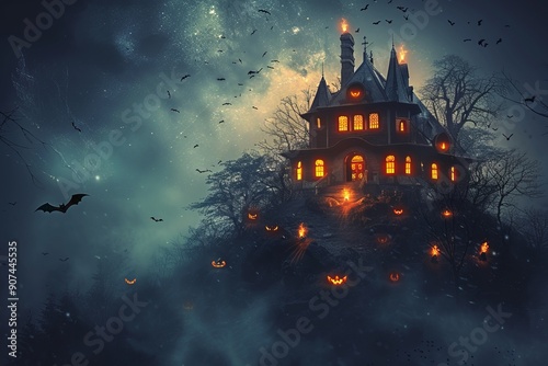 Spooky haunted house on a hill with glowing windows and bats flying around  photo