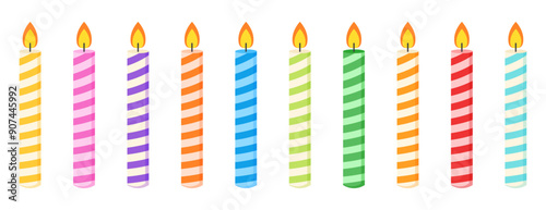 Birthday striped candle burning card invitation decoration flat illustration clipart sticker