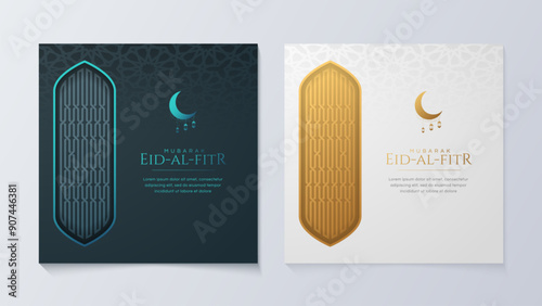 Eid Al-Fitr Mubarak, Ramadan Kareem, Islamic Style Greeting Background Collection Set with Arabic Ornaments