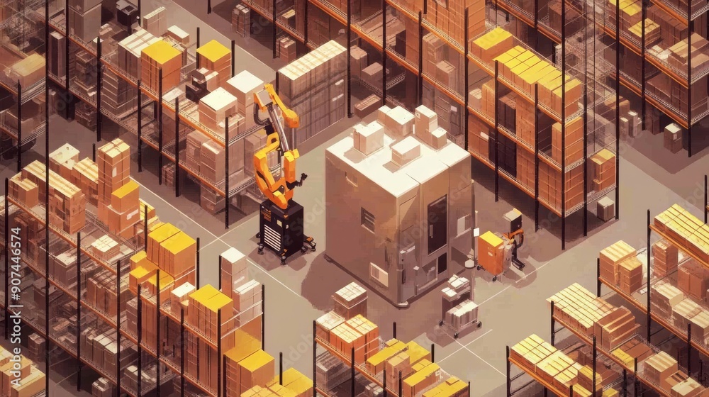 Automated warehouse with robotic arm and stacked boxes. Stock ...