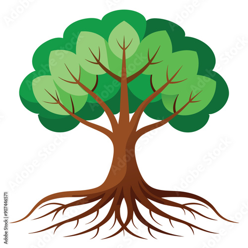 Simple tree icon with green leaves and visible roots, vector illustration.
