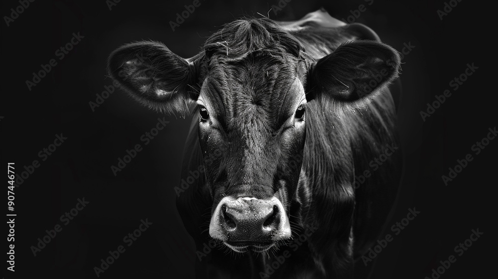 Dark black and white portrait of a frontal cows head on black background. Generative AI Dark black and white portrait of a frontal cows head on black background. Generative AI