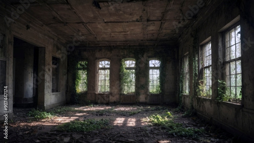 Desolate asylum filled with shadows, broken windows, and overgrown ivy, creating an eerie atmosphere with hints of ghostly figures.