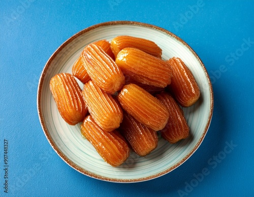 Turkish traditional dessert tulumba on blue background photo