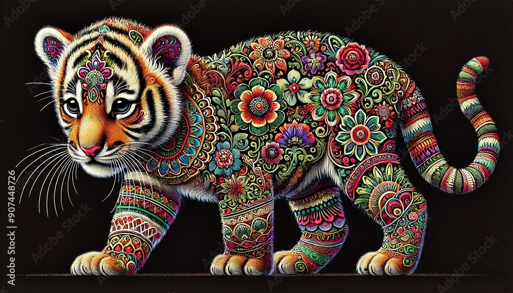 Fototapeta premium A baby tiger standing against a black background