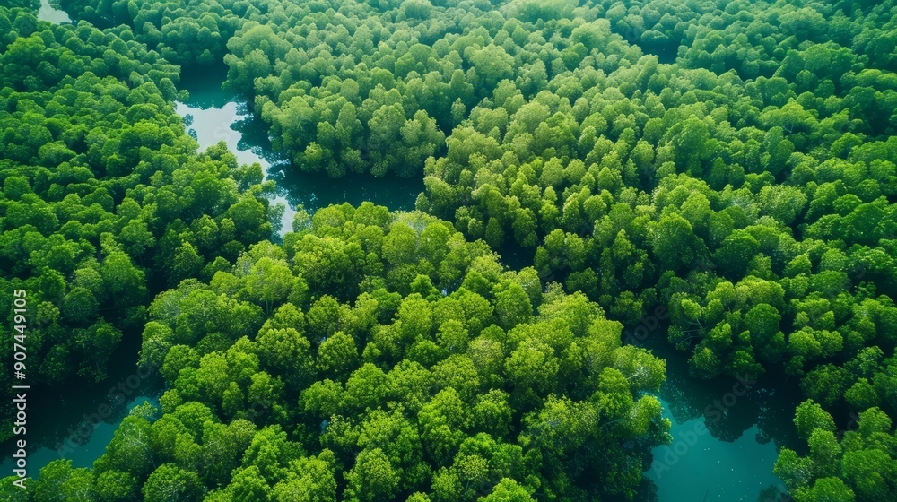 Aerial top view of mangrove forest. Drone view of dense green mangrove trees captures CO2. Green trees background for carbon neutrality and net zero emissions concept. Sustainable green environment. Aerial top view of mangrove forest. Drone view of dense green mangrove trees captures CO2. Green trees background for carbon neutrality and net zero emissions concept. Sustainable green environment.