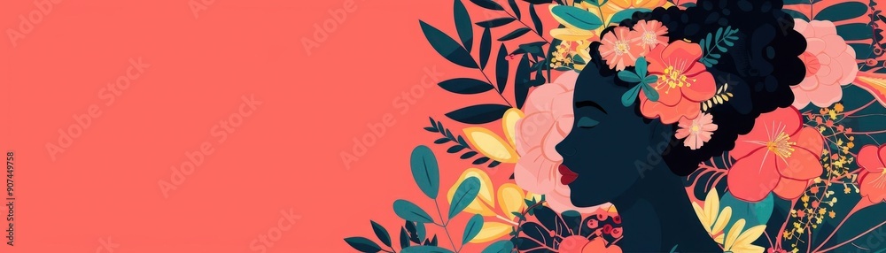 Elegant silhouette, cultural woman in floral art, intricate patterns, flat design illustration Elegant silhouette, cultural woman in floral art, intricate patterns, flat design illustration
