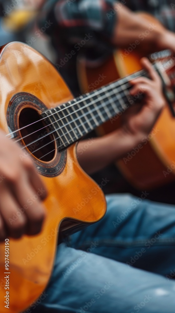 Fototapeta premium Close Up of a Person Playing Acoustic Guitar.