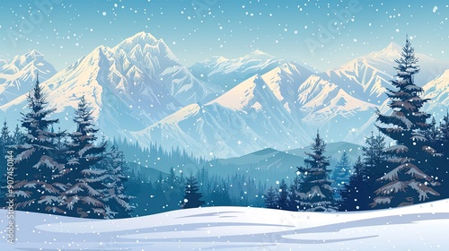 A snowy winter day. Fir trees in snowdrifts  mountains covered with snow  clear blue sky. Snowfall. Design for banner  background  wallpaper  postcard. Concept of tourism  hiking. Vector image. --