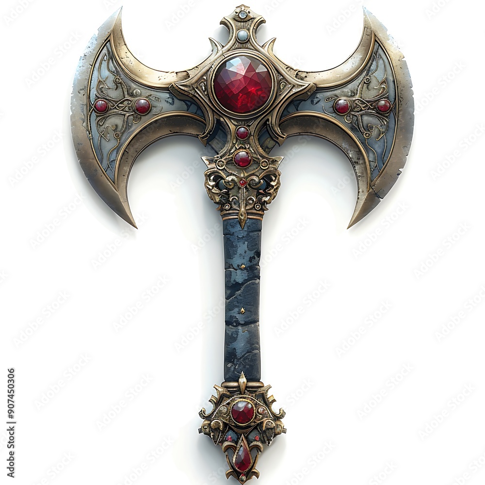 Fototapeta premium Ornate Double-Headed Axe with Ruby Gems and Golden Detailing
