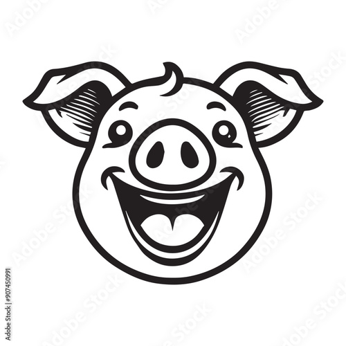 Pig Face Clipart, Swine silhouette, Hog Outline Logo, Domestic pig  illustration in black and white