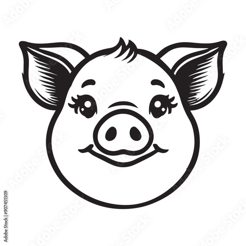 Pig Face Clipart, Swine silhouette, Hog Outline Logo, Domestic pig  illustration in black and white
