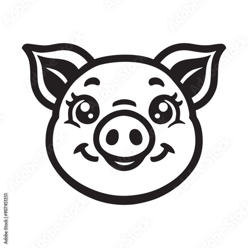 Pig Face Clipart, Swine silhouette, Hog Outline Logo, Domestic pig  illustration in black and white