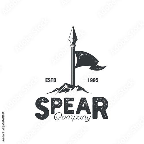 Vintage Spear With Flag Warrior Monochrome Logo Design Vector Graphic Illustration