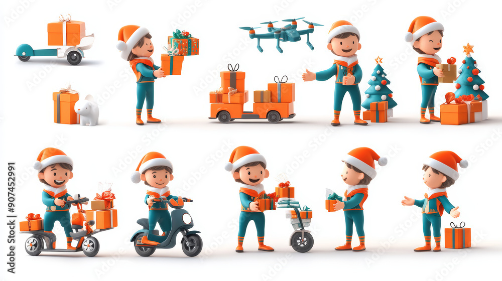 Fototapeta premium 3D_cartoon_character_design_set_delivery_Christmas