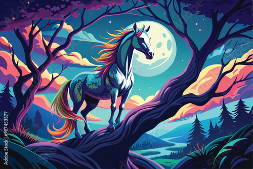 A Majestic Horse Stands on a Branch Under a Full Moon in a Dreamlike Forest