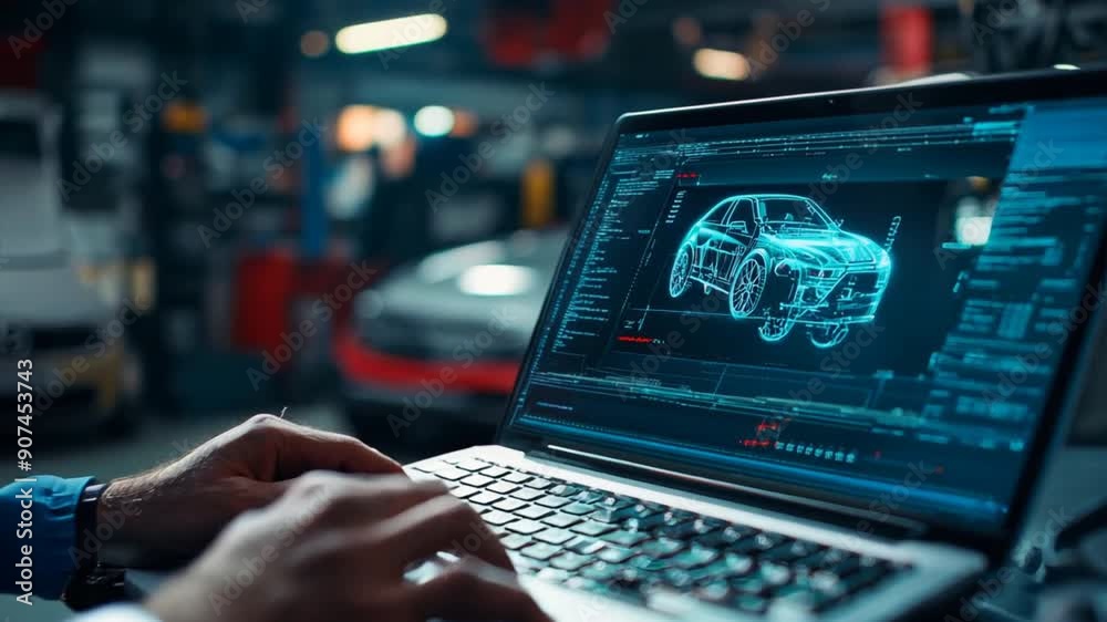 A car mechanic checks a vehicle's performance and system quality using a laptop in a high-tech garage. The mechanic's dedication to precision and thoroughness is evident as they provide reliable diagn