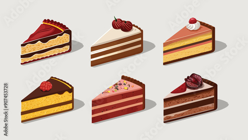 Set of vector cake slices, different flavors, isolated on white background