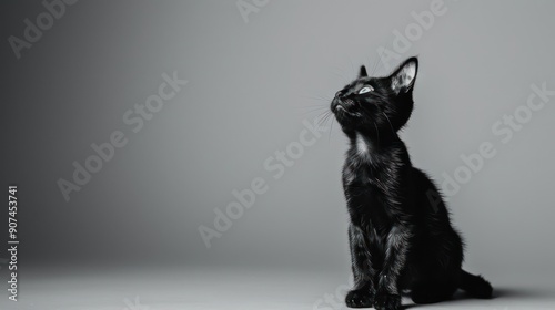 A black cat in a playful pose on a plain background.