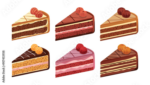 Set of vector cake slices, different flavors, isolated on white background