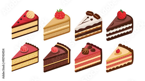 Set of vector cake slices, different flavors, isolated on white background