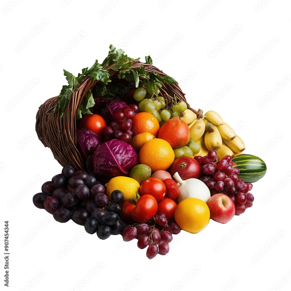A cornucopia with fruits and vegetables spilling out on transparent background A cornucopia with fruits and vegetables spilling out on transparent background