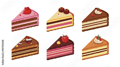 Set of vector cake slices, different flavors, isolated on white background