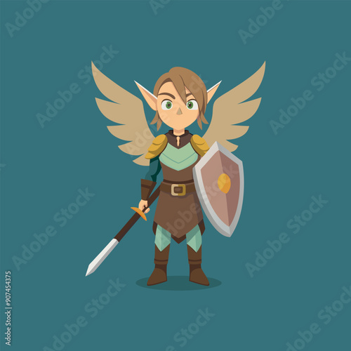 color full knight girl with a totem sword and a beautiful winged shield, she is a young elf in plate armor with long pointed ears and pigtails.