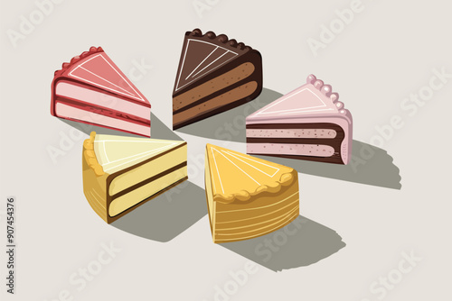 Set of vector cake slices, different flavors, isolated on white background